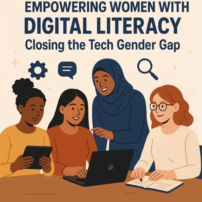 Group of diverse women collaborating using laptops and tablets to build digital literacy skills.