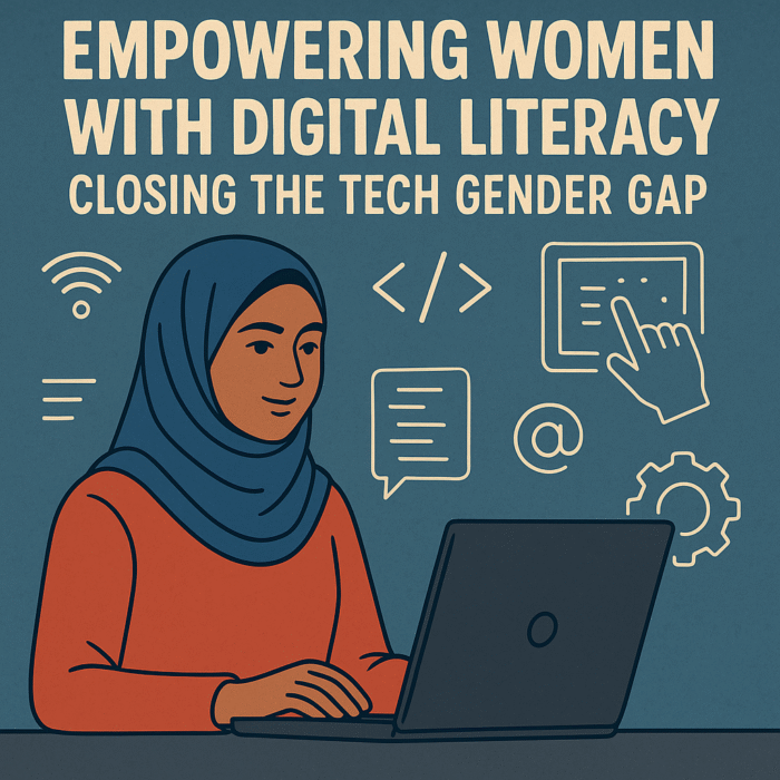 Black woman typing on laptop with Wi-Fi icon, representing access and digital empowerment.