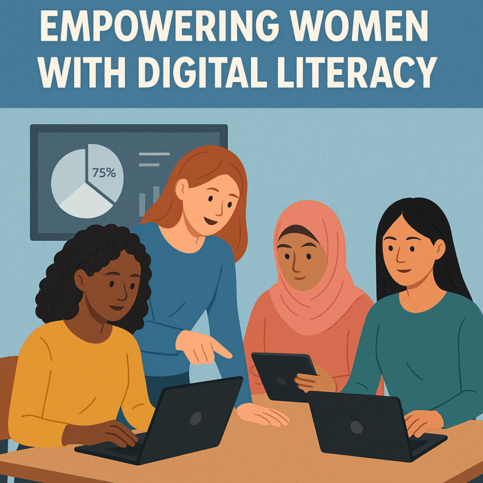 Women of different cultures learning digital skills in a classroom, with charts showing tech growth.