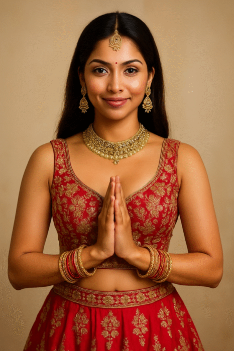 Smiling Indian woman in red embroidered lehenga performing Namaste with gold jewelry representing happy life